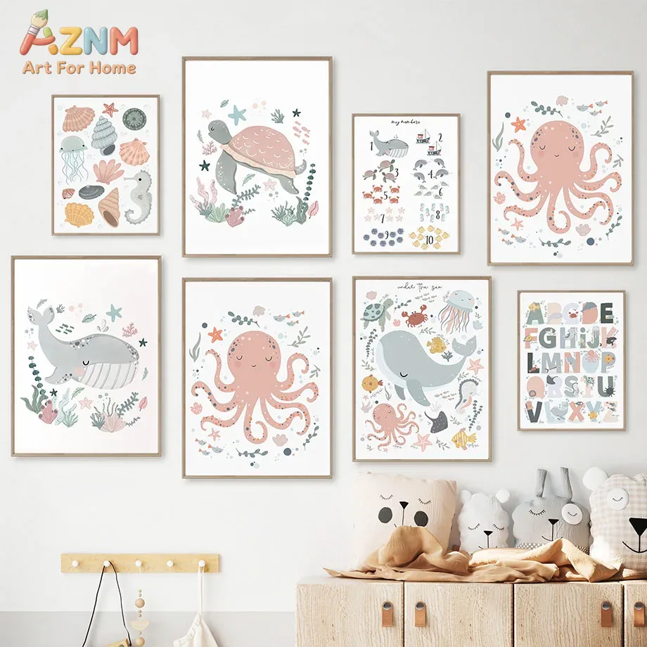 AZNM Nursery Sea Animal Canvas - Kids Educational - Alphabet Numbers & More ulasan dan harga