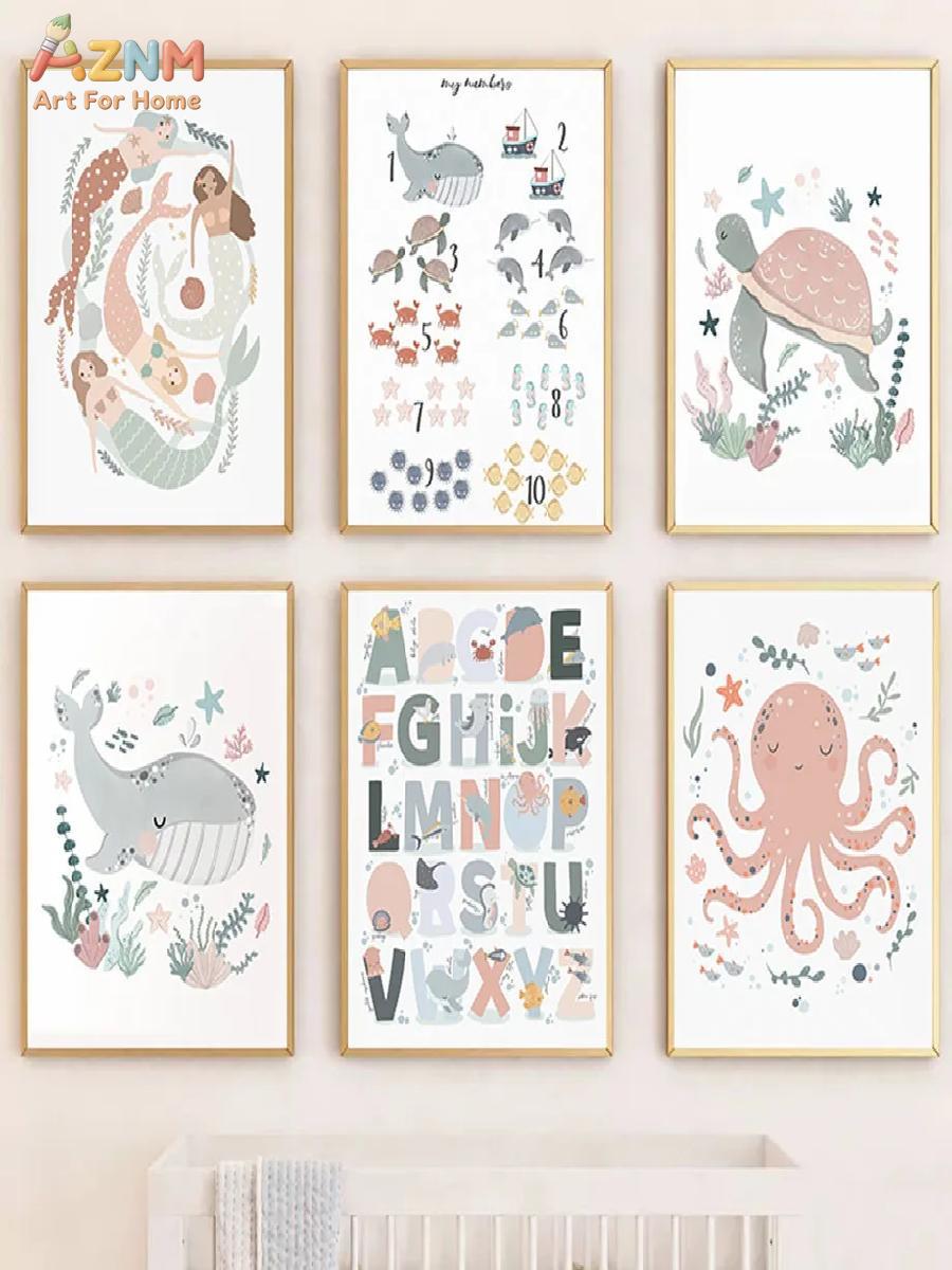 AZNM Nursery Sea Animal Canvas - Kids Educational - Alphabet Numbers & More ulasan dan harga